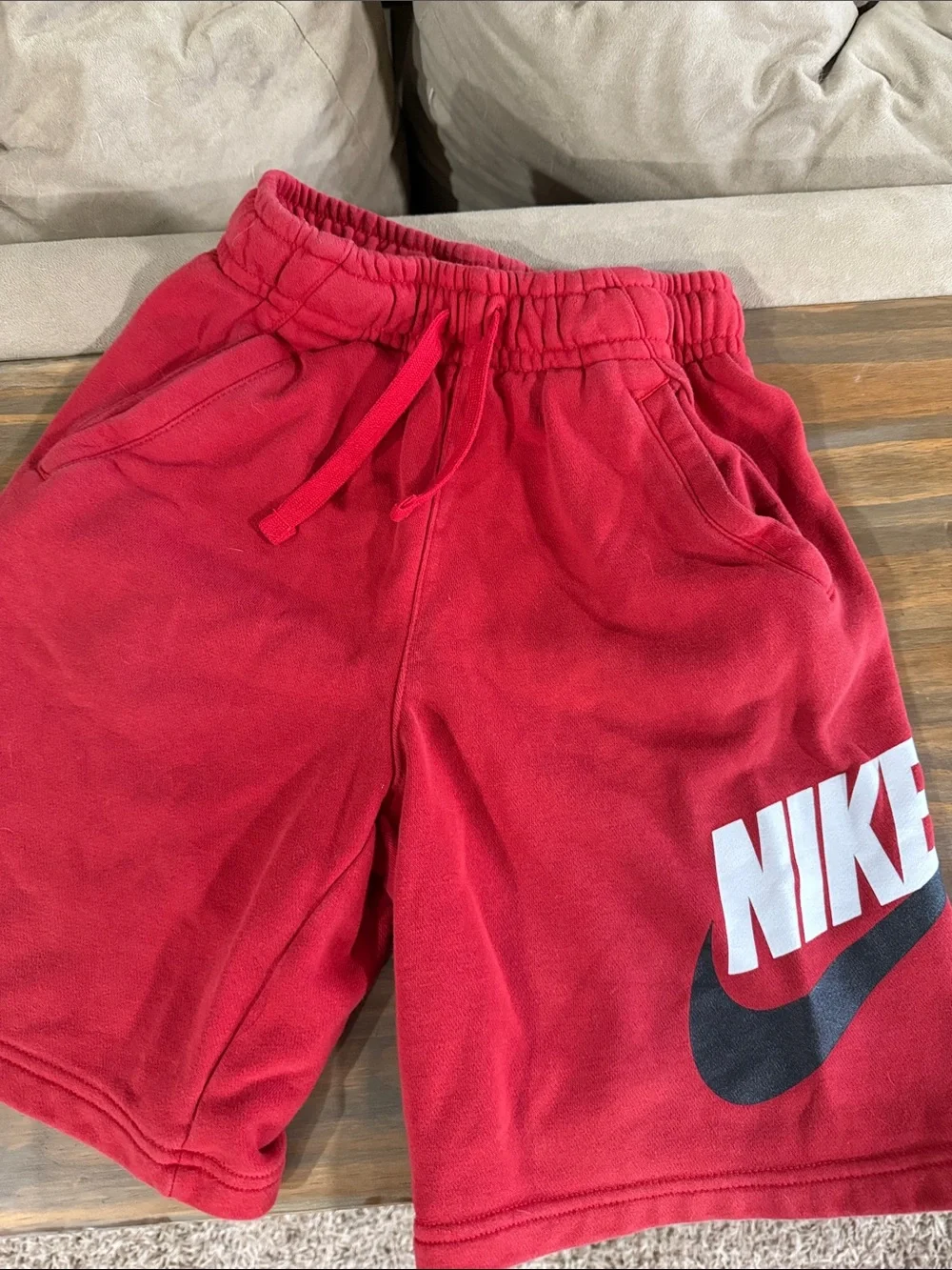 Nike Red Kids Fleece Shorts with Black Swoosh